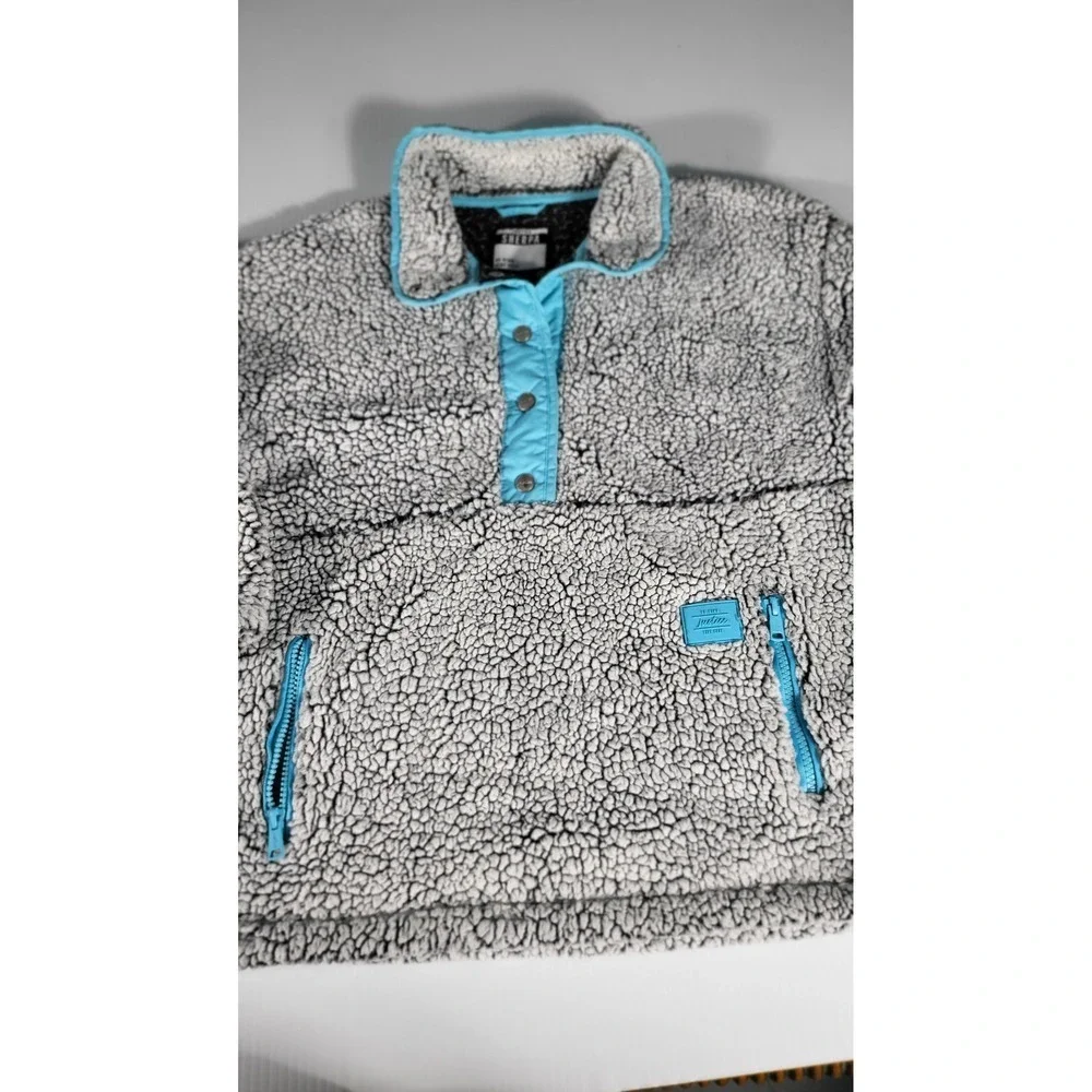 Justice Sherpa Pullover Cozy Quarter Snap Button Up Gray‎ Blue Girls 12